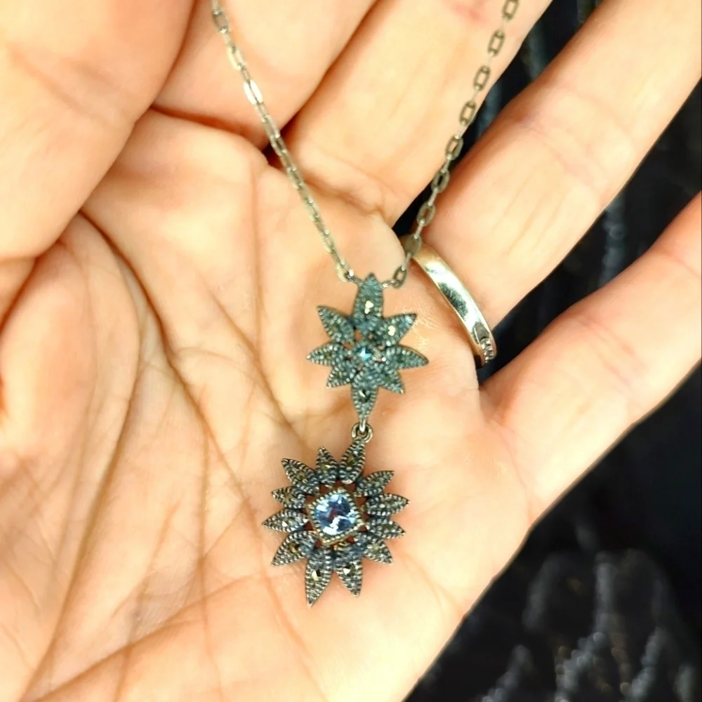 Judith Jack Necklace 925 Sterling Silver Double Daisy Drop Marcasite